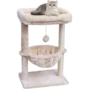 Small cat climbing frame, suitable for indoor cats, with scratching posts for kittens to play, equipped with a basket and hanging balls for cats to play and rest, beige color