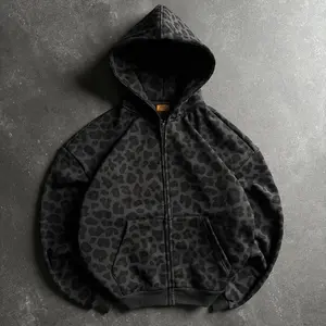Zip Hoodie Leopard Printed Pattern Sweatshirt Streetwear Retro Dark Clean Fit Unisex Boxy Womenswear Tops