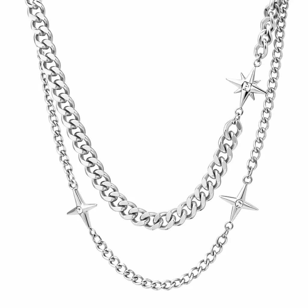 Starbound Layered Chain Stainless Steel Double Star Decorative Necklace - Adjustable Length Fashion Accessory Necklace, Trendy Neck Jewelry for Everyday Wear Chains, Trendy Necklace