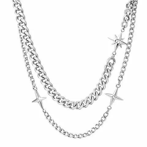 Bold 7mm Double-Layer Depth Layered Set (Double Chain) Stainless Steel Necklace - Adults' Unique Non-Natural Crystal Jewelry with Star Charms, Finer Secondary Chain, Adjustable Length, Daily Casual Accessory