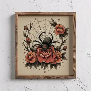 Vintage-Inspired Spooky Floral Halloween Spiderweb Tattoo Flash — Spider Retro Art Print