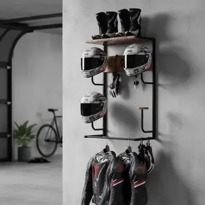 GARVEE Wall-mounted helmet holder, motorcycle helmet holder with 4 glove clips and hooks, iron wood helmet stand, organizer for helmets, equipment, clothes, accessories, 42 x 82 x