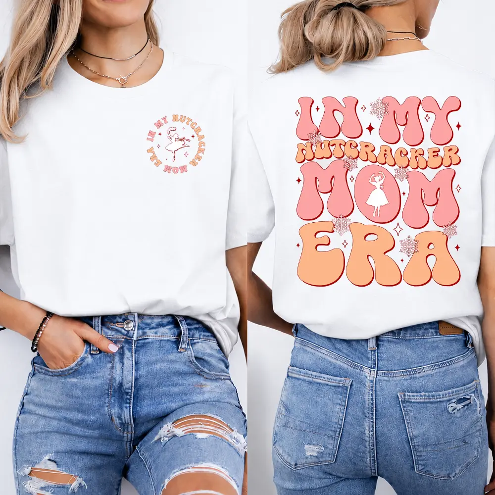 Nutcracker Mom Era T-Shirt, Retro Pink Lettering, Ballerina & Snowflake Design, Holiday Dance Graphic Shirt for Ballet Moms & Dance Supporters, Gift for Christmas Recitals or Winter Performances