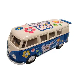 KINSMART 1962 VW Classical Bus 1:32 Scale Die-Cast Model with Ivory Top Peace Love Print Pull-Back Action Openable Doors 5 Inches Long Blue Collectible Toy Car
