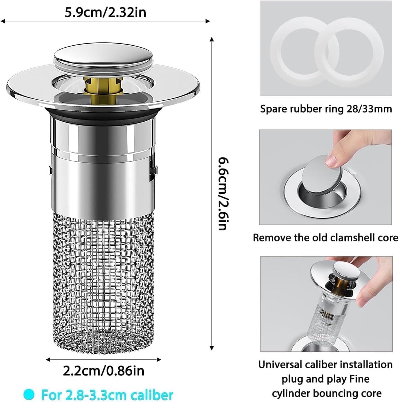 Bathroom Sink Stopper Hair Catcher,Pop-Up Bathroom Sink Drain Strainer with Removable Stainless Steel Filter Basket, Universal Sink Stopper for Bathroom & Kitchen,Modern Anti-Odor,Brass Core,Easy Installation,Drainage Function