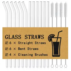 Set (12 Straws + 4 Brush) Reusable Glass Straws, Size 8.5''x10MM, Heat Resistant High Temperature Washable Reusable Fruit Drinking Straws For Smoothies, cocktail And Drinks