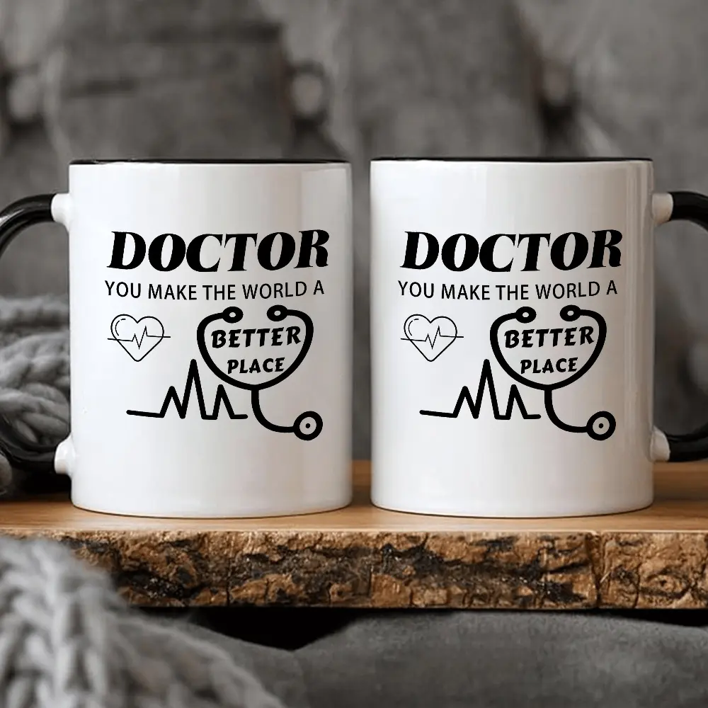 1 Count 11oz Washable Ceramic Coffee Mug - "Doctor You Make The World A Better Place" Heartbeat Stethoscope Design, White & Black - Appreciation Gift for Medical Professionals - Birthday, Christmas Use (Office/Home), Reusable
