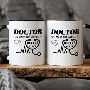1 count "Doctor You Make The World A Better Place" 11oz Ceramic Coffee Mug with Heartbeat Stethoscope Design - White & Black Appreciation Gift for Doctors, Nurses, Medical Professionals - Birthday, Christmas, New Year Gift for Office or Home Use