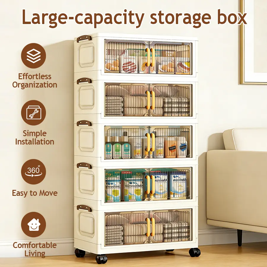 18.7in Rectangle Lightweight Plastic Foldable Storage Box with Lid - 5-Layer Adjustable Compartments, Rolling Organiser Dresser with Wheels, Modern Floor Cabinet for Home Organization (Kitchen, Bedroom), Rolling Storage Dresser, Modern Storage Cabinet