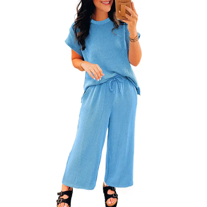 Mntaor Women's Fitted Solid Winter Corded Knit Short-Sleeve Crewneck T-Shirt & Wide-Leg Comfortable Bottoms 2-Piece Matching Set, Lady Everyday Casual Womenswear