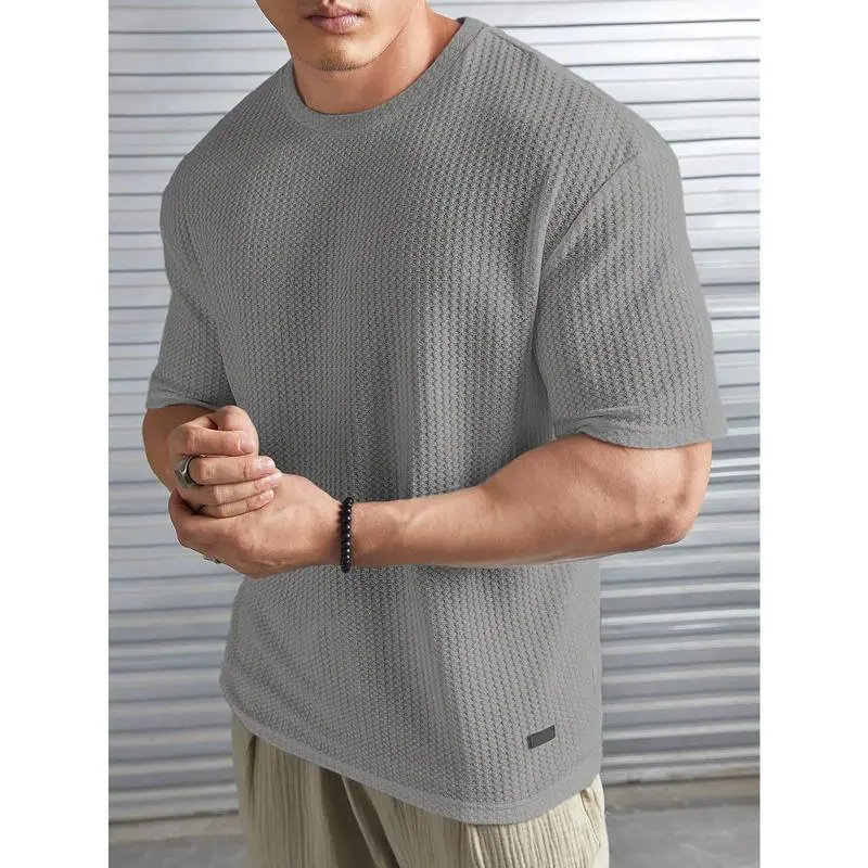 Men Casual Solid Waffle Knit Patched Detail Tee Fabric Menswear Top Streetwear Tshirt Crewneck Hem Grey Beige Tropical Plain graphic tees