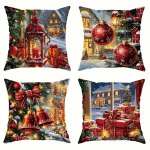 4pcs, Christmas Red Theme Throw Pillow Covers, Red Holiday Decorative Bell Pattern, Suitable for Christmas Winter Home Sofa Bed Decoration, Living Room Sofa Decoration, Single Sided Printing, No Pillow Core
