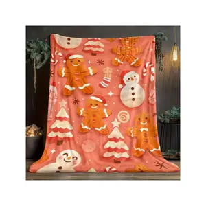Cozy Pink Christmas Blanket with Gingerbread Men, Snowmen & Festive Holiday Designs