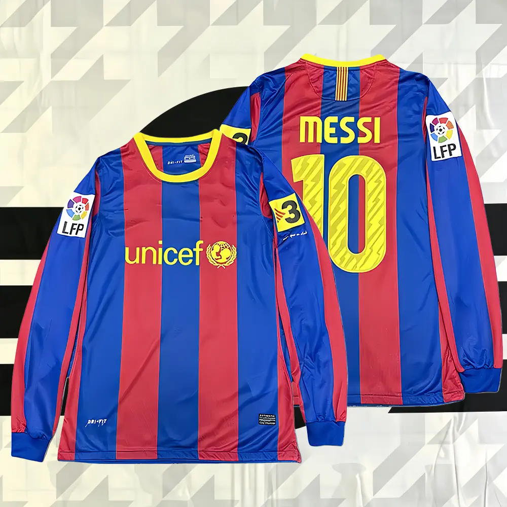 10-11 Season Home Red and Blue Messi #10 Long-Sleeve Retro Jersey