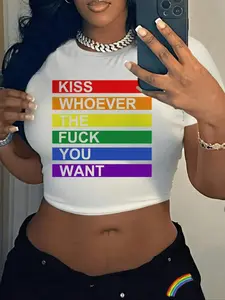 Women's Letter & Rainbow Stripe Print Round Neck Crop Tee, Casual Short Sleeve Crew Neck T-shirt for Summer, Fashion Women's Top for Daily Wear