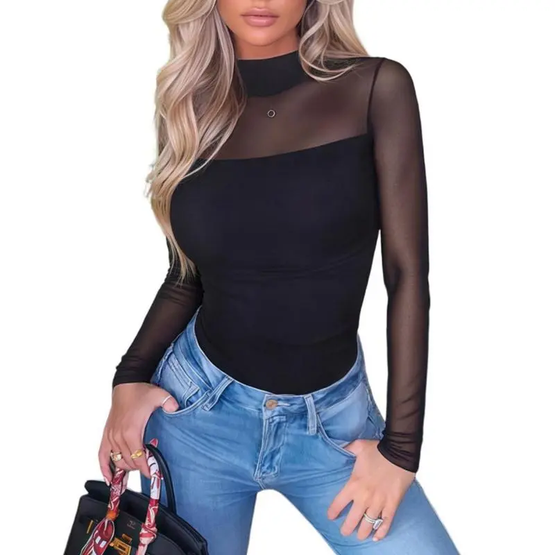 Women's Fashion Contour Long Sleeve Turtleneck Bodysuit - Seamless Sculpting Mesh Leotard, Premium Dual-Layered Slim-Fit Top with Snap Button, Elegant Chic Semi-Sheer All Season Evening Wear