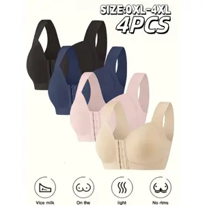 4-piece set of plus-size front-clasp seamless bras, no underwire, side breast support, anti-sagging, minimizes large busts, comfortable underwear