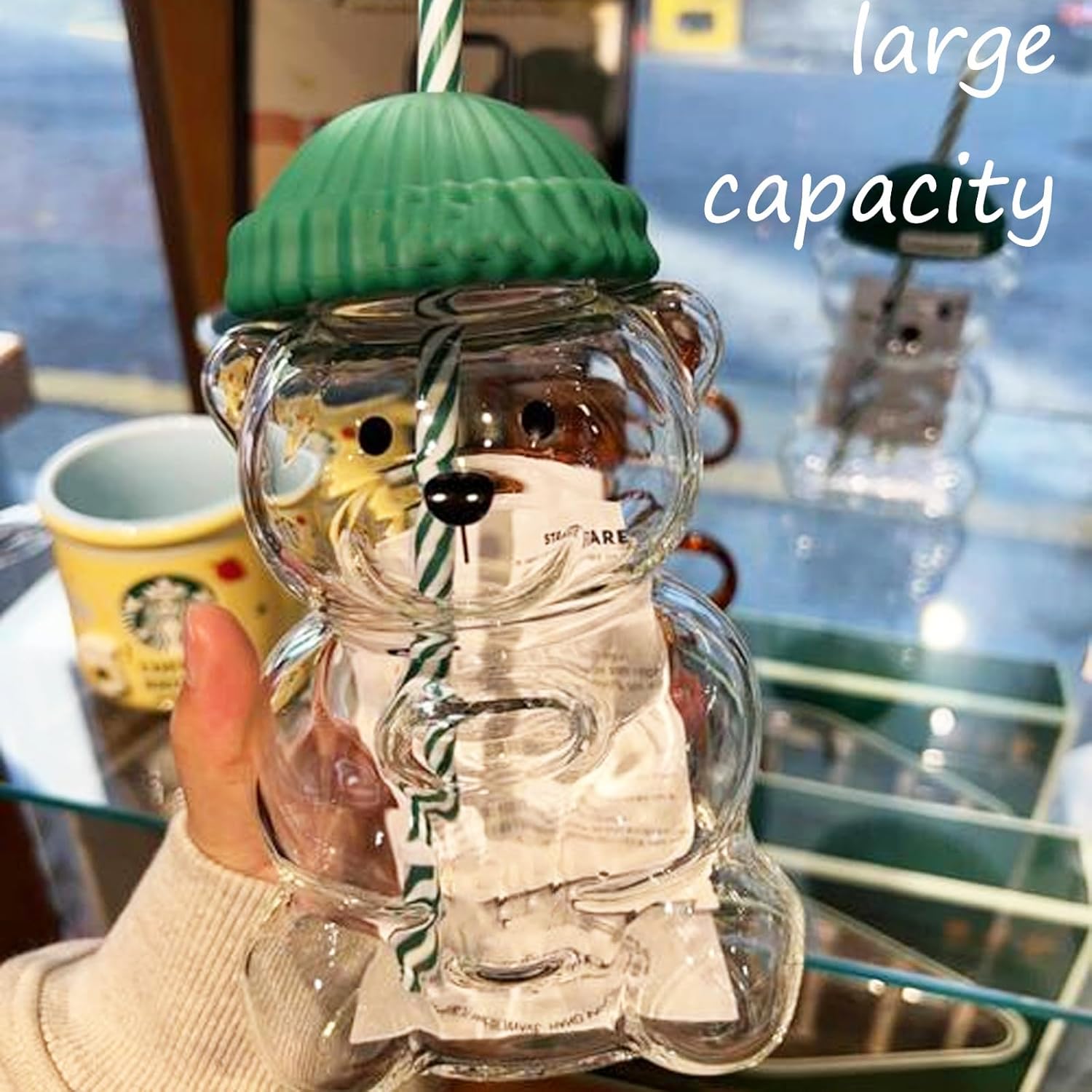 20oz Cute Bear Glass Coffee Mug with Lid & Straw, Aesthetic Mood Boost Iced Coffee Cup, Viral Clear Drinkware for Juice, Smoothie & Milk, Leak-Proof Summer Gift for Women