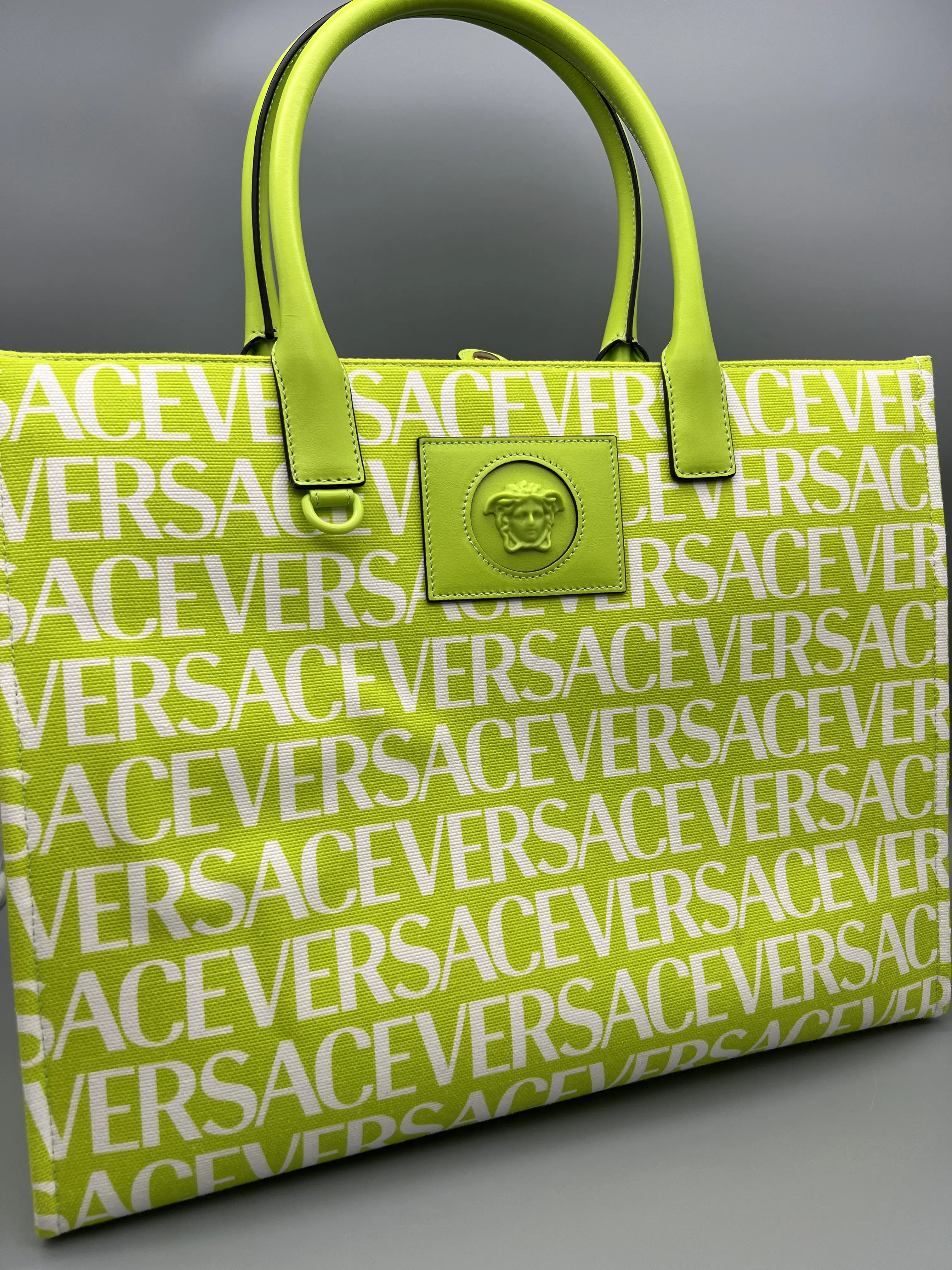 Pre-owned VERSACE Canvas Tote Bags All Over Logo Tote Neon Green with White Logo Pattern Fashion Handbag