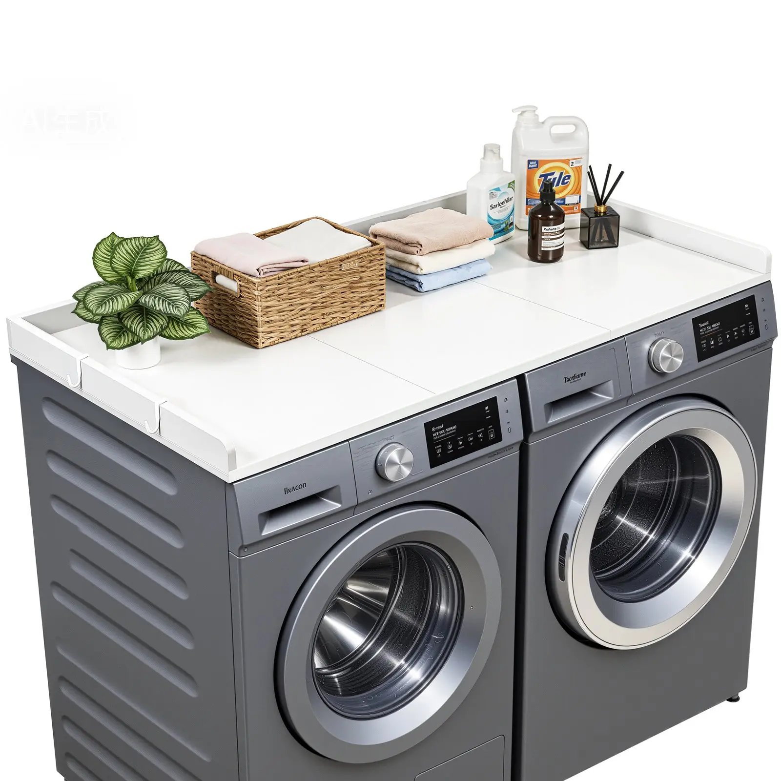 VEVOR Washer and Dryer Countertop, 54x27.5in Modern Wooden Topper with Edge & 2 Hooks, Water-Resistant Storage for Laundry Room, Balcony, Closet & Pantry Organization, White, 26.4 Lbs