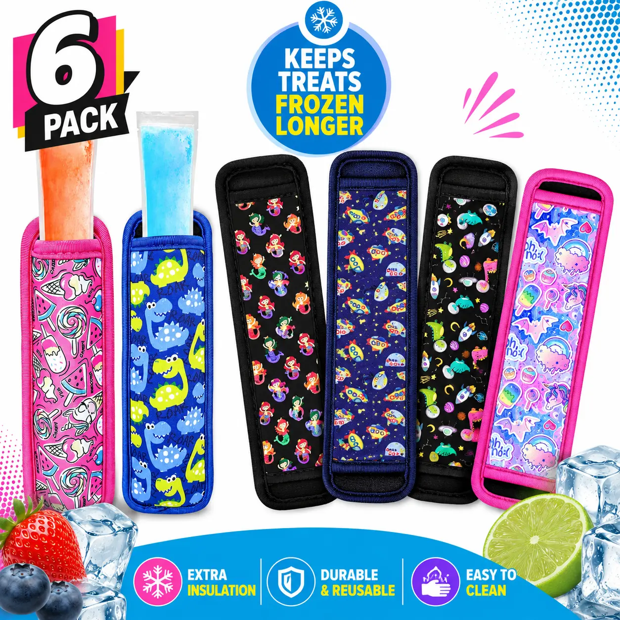 6-Pack Neoprene Popsicle Holders for Kids, Reusable Ice Pop Sleeves,
