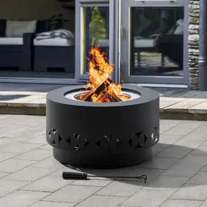 SUNJOY 28 Inch Round Stainless Steel Smokeless Fire Pit with PVC Cover and Poker