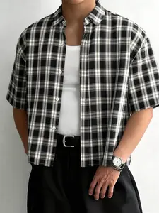 Men's Plaid Short Sleeve Button-Up Shirt, Checked, Minimalist Street Style, Loose Fit Casual Check Top, Breathable Daily Wear