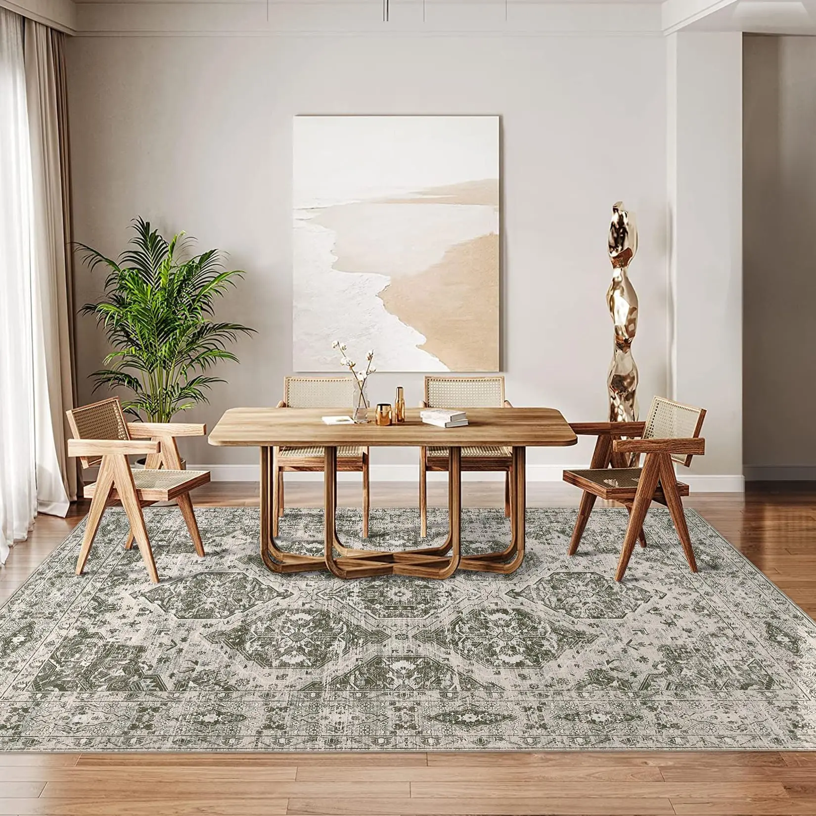 GARVEE 10'x13' Vintage Rug Irregular Medallion Area Rug Ultra-Thin Non Slip Floral Print Indoor Mat for Living Room Dining Room Bedroom Farmhouse Red Borwn