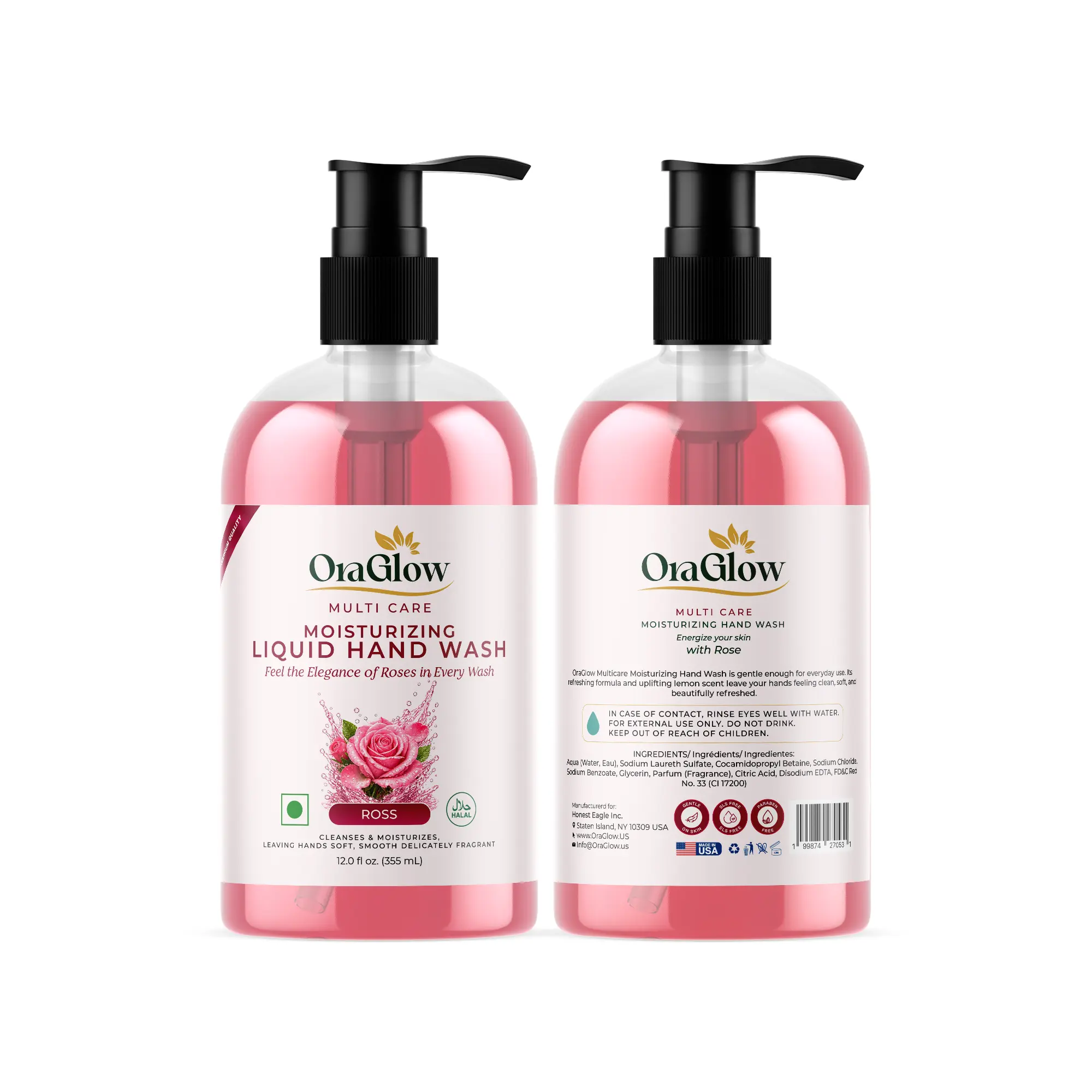OraGlow Multi Care Moisturizing Liquid Hand Wash – Rose Scent Hand Soap, Cleanses & Moisturizes Hands, Gentle on Skin, SLS Free & Paraben Free, Halal, Made in USA, 12 fl oz (355 ml) mL)