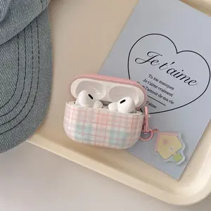 Cute Plaid Pattern Earphone Case with Heart Shaped Pendant, Earphone Case with Storage Box, Earphone Accessories Compatible with AirPods, Headset