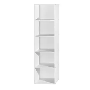 212 MAIN 5-Shelf Slim Wood Bookcase - Open Shelves, Stackable, White, 59.06x11.77x15.91 in, Commercial Office Furniture, Bookshelf Book Rack