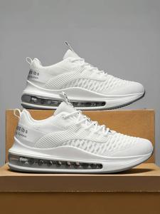 men's textured letter tape lace up running shoes, casual sporty breathable comfortable air cushion sneakers, trendy all-match sports shoes for daily wear