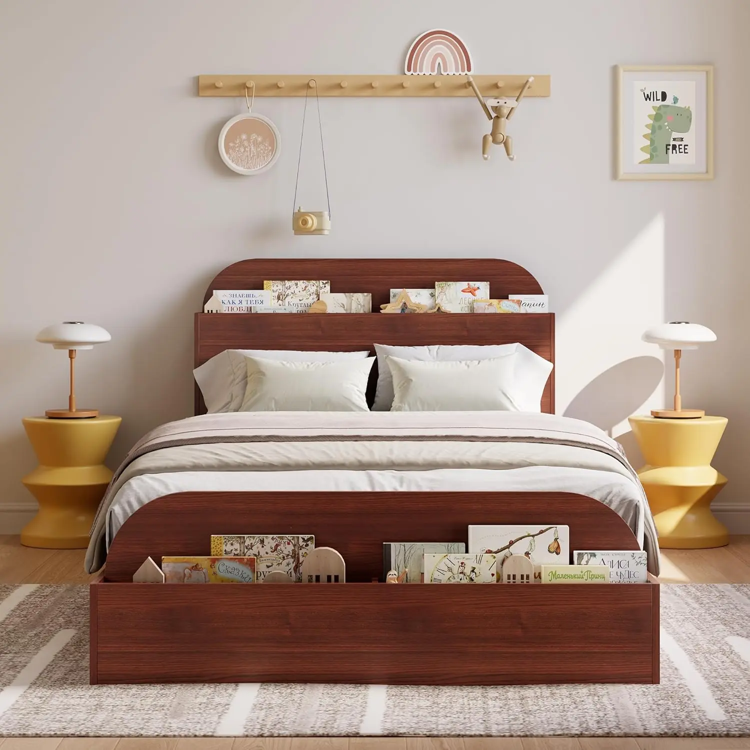Bed Frame with Headboard & Footboard, Low Platform Bed, Wooden Twin-Floor Design, Noise-Free, No Box Spring Needed, Built-in Book Slots