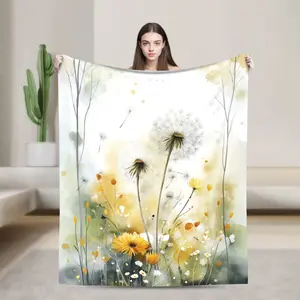 1pc Vintage Watercolor Dandelion Throw Blanket - Soft Cozy Polyester All-Season Black & White Floral Print with Yellow Dandelions - Lightweight Warm Blanket for Couch, Bed, Travel, Home Decor - Christmas Halloween Birthday Gift Idea - Durable Easy-Ca