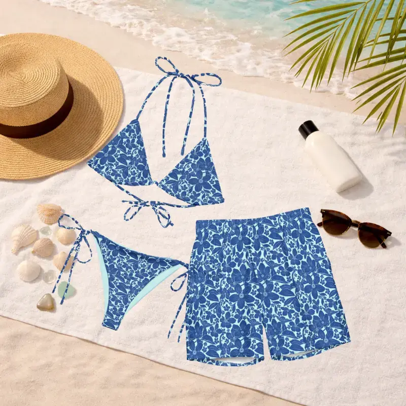 Tropical Blue Matching Couples Swimwear Set, His & Hers Bikini & Men’s Swim Shorts, Honeymoon Beach Vacation Outfit, Summer Coastal Beachwear Gift
