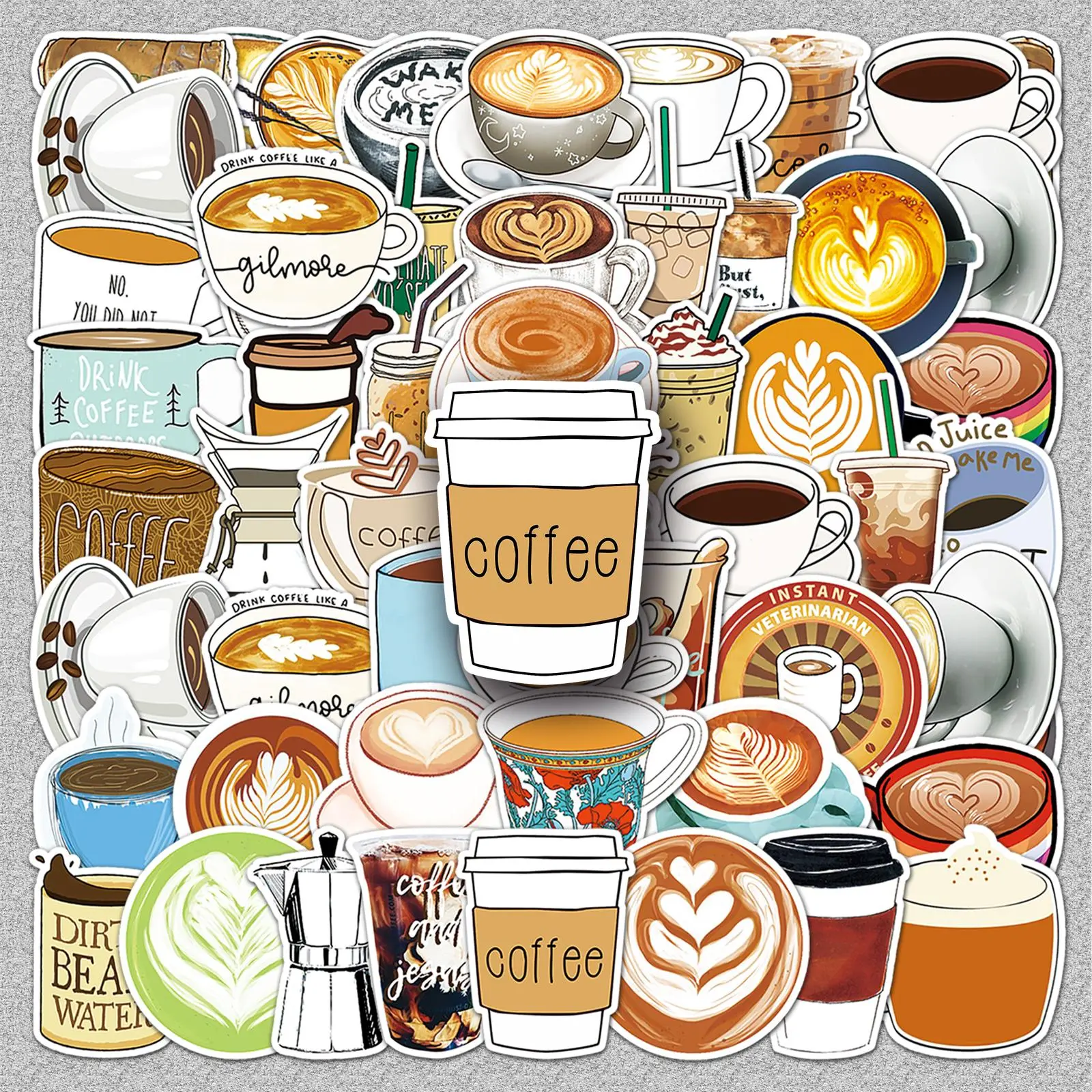 Coffee Drink Pattern Sticker, 50pcs/set Waterproof Self Adhesive Decor Paper, Decor Sticker for Gift Greeting Card Water Bottle Laptop Phone, Accessories