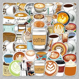 Coffee Drink Pattern Sticker, 50pcs/set Waterproof Self Adhesive Decor Paper, Decor Sticker for Gift Greeting Card Water Bottle Laptop Phone, Accessories