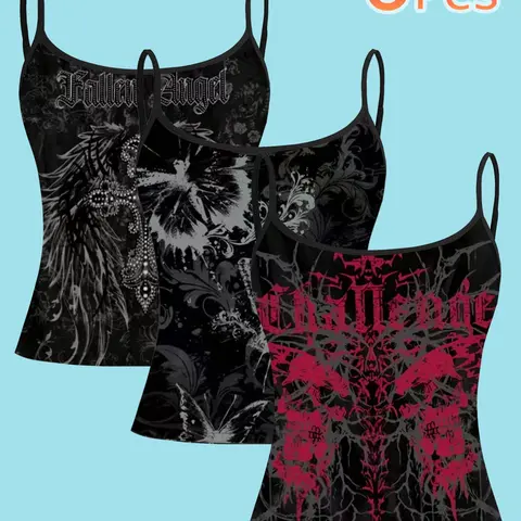 3-Piece Gothic Strapless Top Set, Fallen Angel Butterfly Thorn Design, Slim-Fit Summer Tank Tops, Unique Casual Fashion Sleeveless Women's Clothing