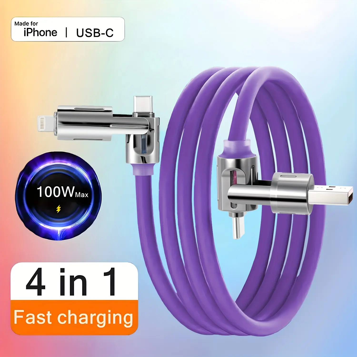 240W PD 4-in-1 Fast Charging Cable 2M Silicone Cord, Rotatable USB-A & USB-C Dual Plugs with RGB LED & Transparent Chip, Universal Wire for Lightning/Type-C, Fits iPhone, Samsung, Android, Tablets & Laptops