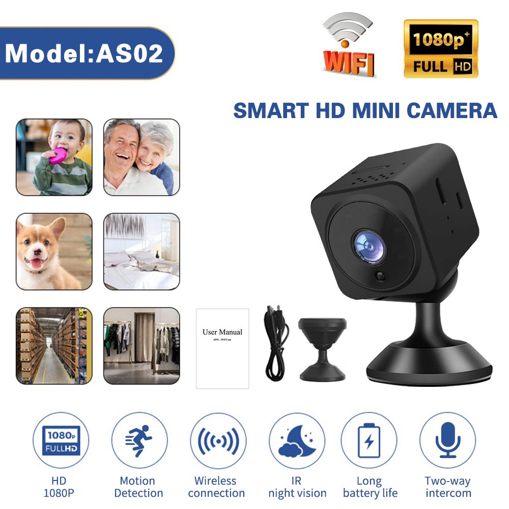 AS02 Mini Camera HD 1080P Portable Small Camcorder Micro Security Camera with Audio Video Night Vision Home Office Surveillance Cam Wireless Nanny Cam Compatible with iOS Android Phones WiFi Infrared
