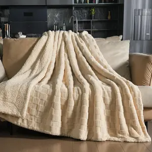 Soft Cozy Throw Blanket Twin Size for Couch Bed, Fleece Reversible Thick Blanket for All-Season, 3D Checkered Decorative, Khaki, 60" x 80"