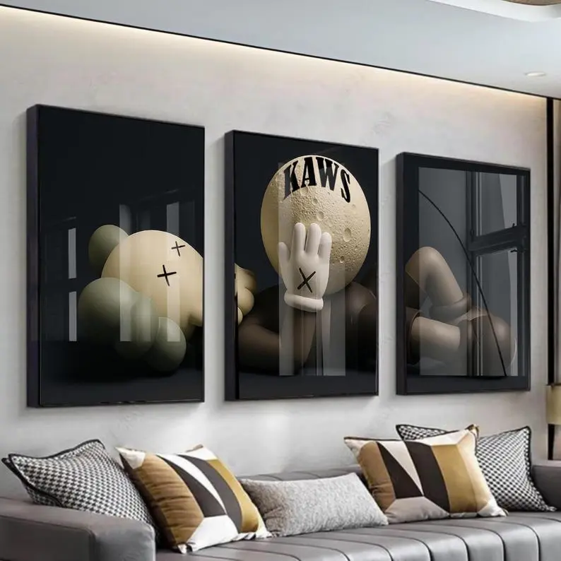 KAWS Figure Poster Set of 3 - Glossy Photo Wall Art, Hypebeast Room Decor, Dopamine Home Decor Gift
