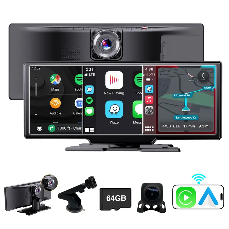 Screen 10.26" INCH Portable Car Player Carplay Android Auto Bluetooth IPS  Touch Screen Dash Cam AirPlay Android Cast  Backup Camera  Loop Recording Bluetooth  FM AUX