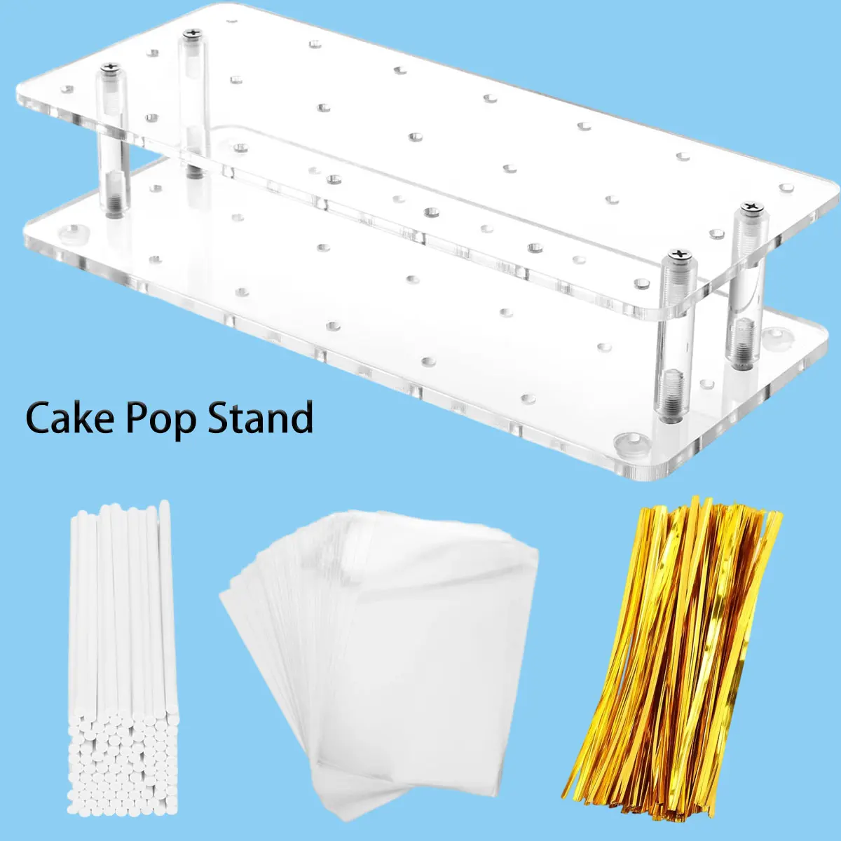 Cake Pop Stand 21 Holes Clear Acrylic Kit with 300 PCS Sticks Wrappers for Weddings Birthdays Baby Showers Halloween 11x4.7x2.3 Inches for Lollipops and Cake Pops Transparent Fruit