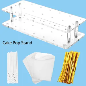 Cake Pop Stand 21 Holes Clear Acrylic Kit with 300 PCS Sticks Wrappers for Weddings Birthdays Baby Showers Halloween 11x4.7x2.3 Inches for Lollipops and Cake Pops Transparent Fruit