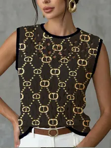 Women's Elegant Geometric Symbol Diamond Full Print Round Neck Sweater Vest, Casual Sleeveless Knit Top for Spring Summer Fall