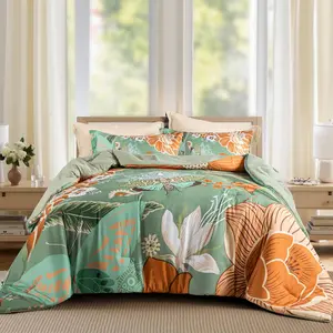 Sage Green Boho Floral  Comforter Set - 3 count Farmhouse Botanical Bedding Comforter Sets for  Season Soft Lightweight Mid Century Bed Set, (1 Reversible Comforter and 2 Pillow Shams