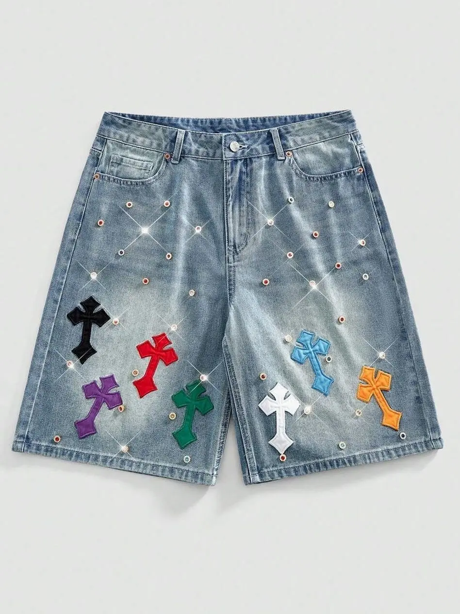 Men shorts - Men's Rhinestone Cross Denim Shorts, Distressed Embroidered Jean Shorts, Casual Summer Streetwear summer clothing trending clothing trending clothes men's pants pants for men jeans for men going out outfit streetwear