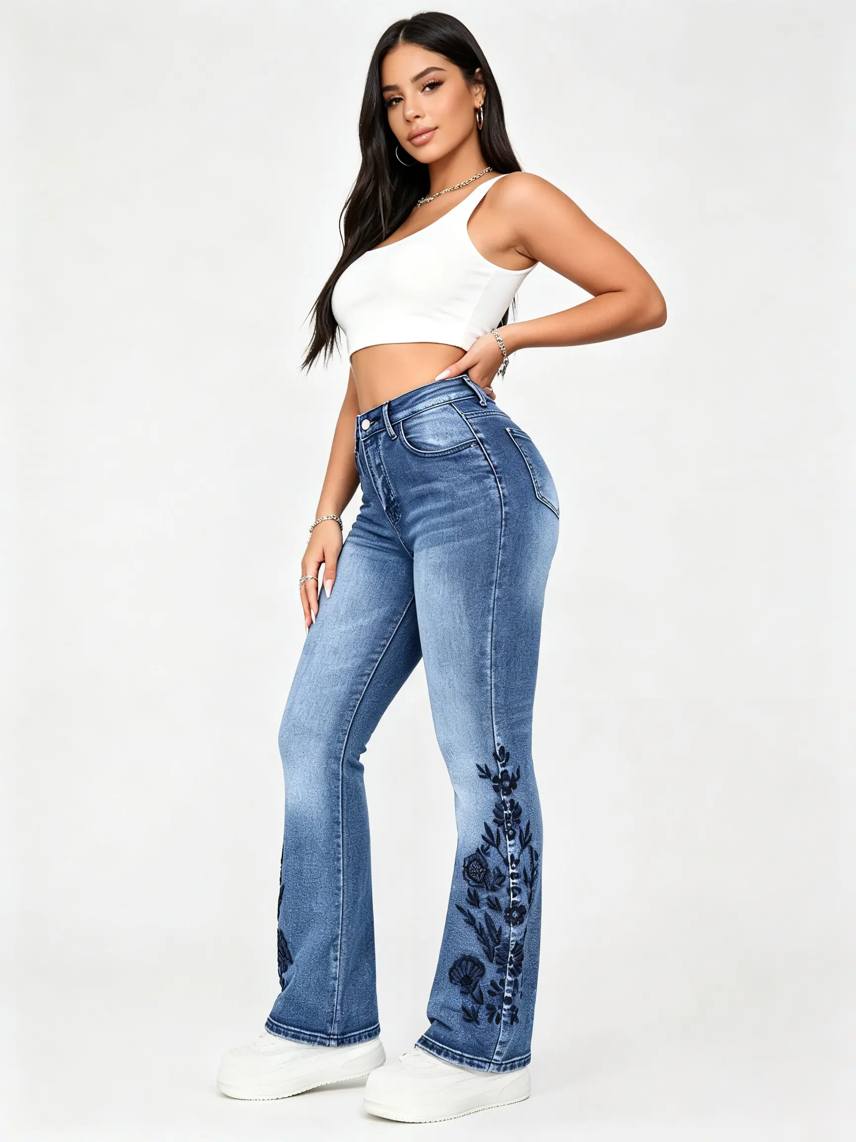 Women's High-Rise Floral Embroidered Flare Denim Jeans - Medium Blue Wash, Cotton Clothes Bottom for All Seasons, Below Ankles