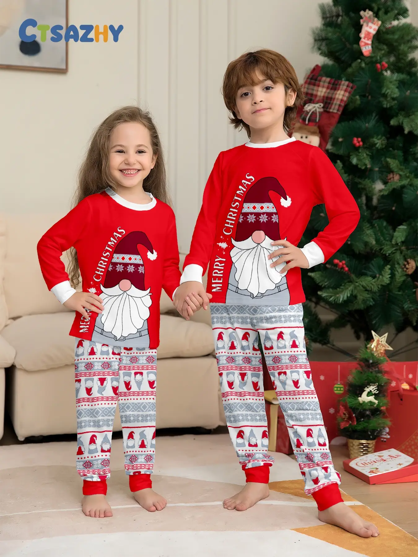 Reindeer Print Pajamas Set, Casual Fitted Sleepwear for Boys & Girls, All Seasons Comfortable Home Wear